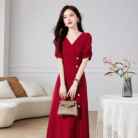 优雅知性，气质V领时尚修身显瘦小开衩中长款纯色连衣裙HR-WZ25259