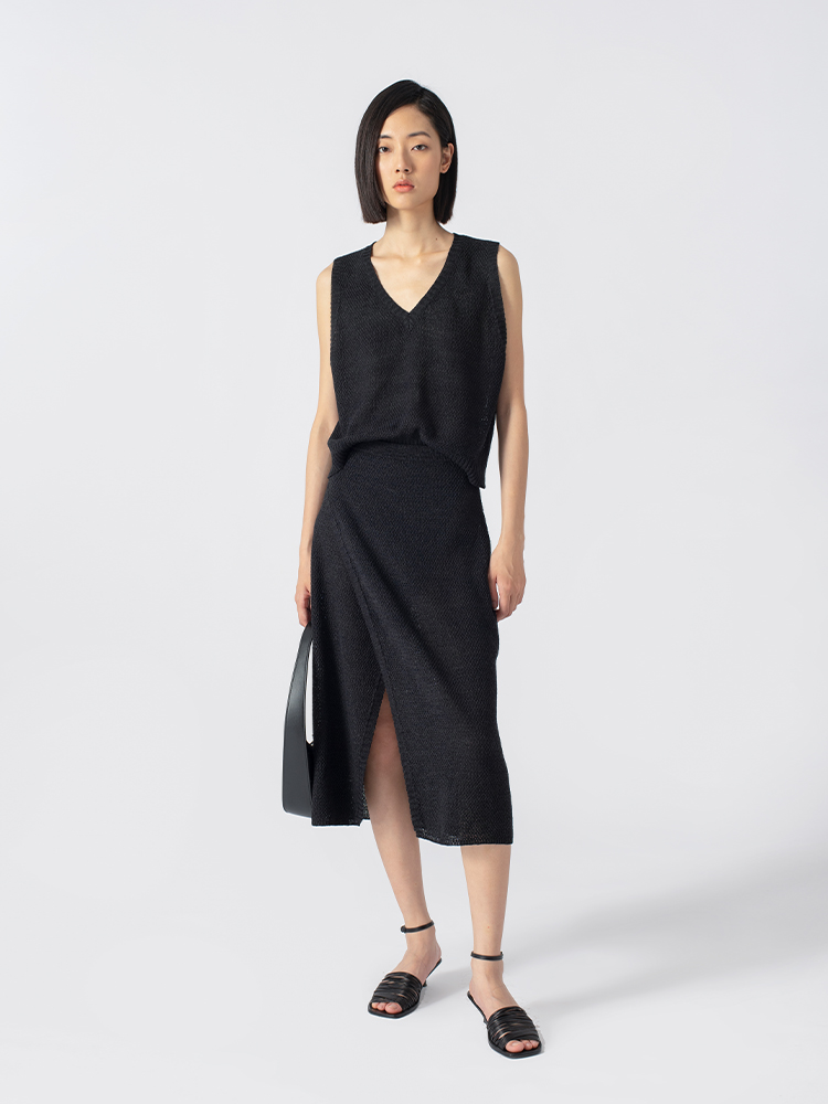 322工房经典再造和纸纱开叉针织半身裙2023春夏中长纯色裙子B067