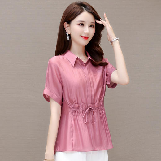 松紧腰时尚休闲套头小衫，POLO领短袖气质修身雪纺衫QYM- AH-23A1879-L 商品图2