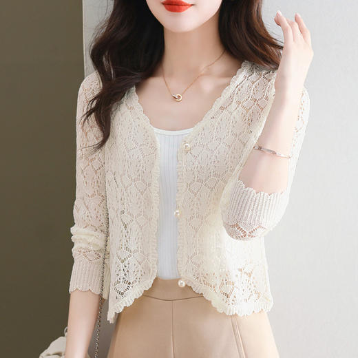 镂空开衫女外套，针织空调衫长袖V领蕾丝夏季轻熟气质宽松上衣CC-11-68090 商品图2