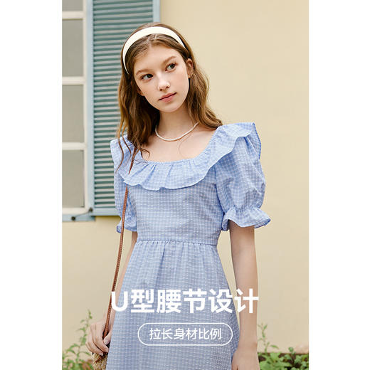 【严选】诗凡黎夏淡蓝色格纹荷叶领泡泡袖连衣裙7E6193441 商品图2