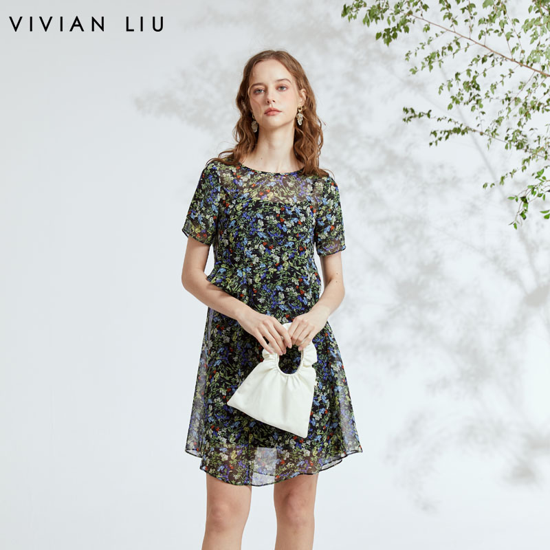 VIVIAN LIU D2324101 春女装新款雪纺印花圆领收腰复古半袖连衣裙