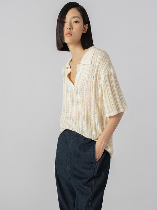 322工房经典再造真丝编织纹理针织POLO衫2023春夏针织套头衫B072 商品图3