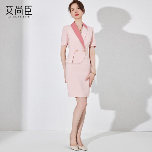 法式西装洋装女夏季新款中长版短袖职业高端气质粉色裙子薄 商品图3