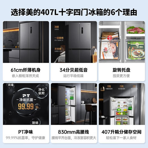 【下单前咨询地址库存】美的（Midea）61厘米薄407升一级智能双变频十字双开门对开四开门家用电冰箱大容量超薄可嵌入式 BCD-407WSPZM(E)月夜灰冰箱 商品图1
