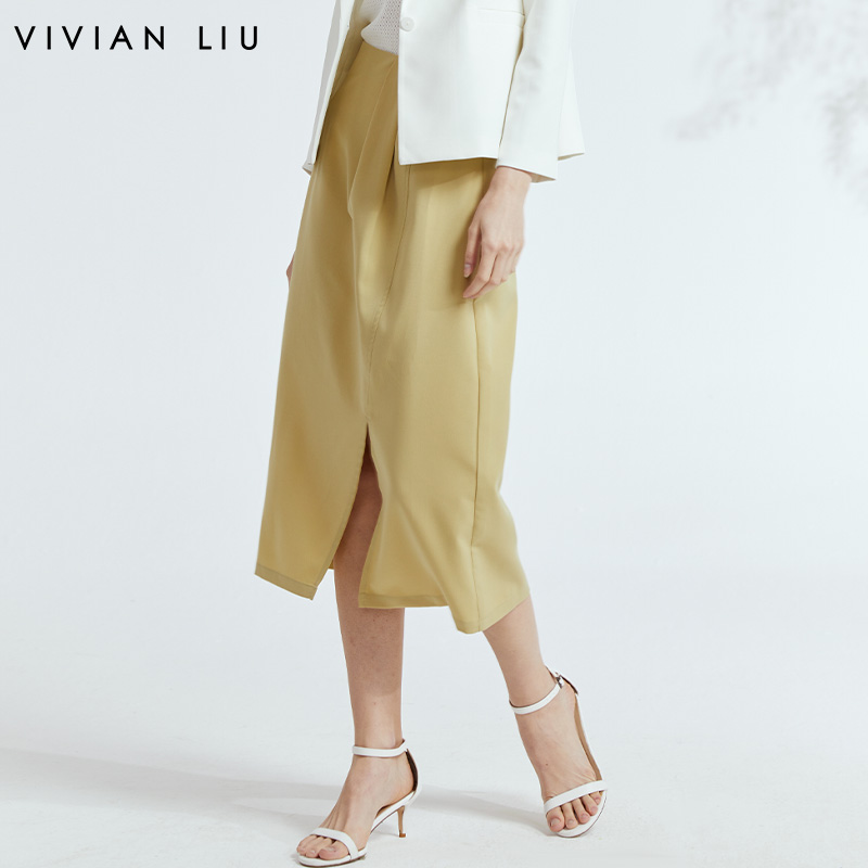 VIVIAN LIU D2314005春女装新款连腰开叉优雅直筒小A型半裙