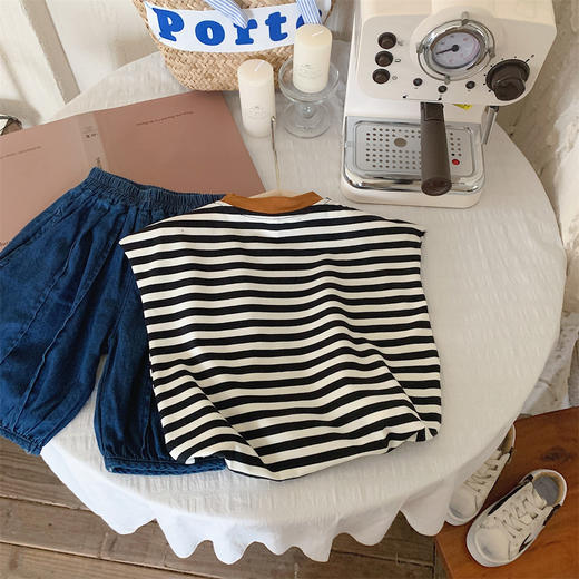 【冰丝凉爽透气，松紧裤腰带】2023夏季新款冰丝牛仔童装，圆领条纹设计凉爽透气不起球，儿童韩版冰瓷棉无袖套装男童痞帅一套-SH 商品图3