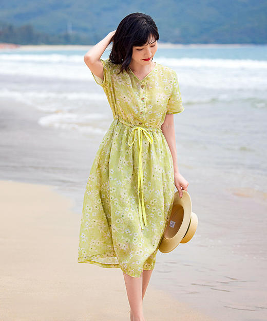 法式文艺风，夏季新款苎麻印花连衣裙短袖碎花拼色系带V领裙子YM-S375-1 商品图2