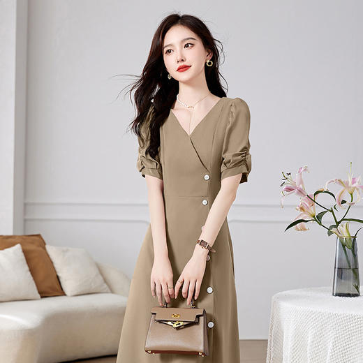 优雅知性，气质V领时尚修身显瘦小开衩中长款纯色连衣裙HR-WZ25259 商品图4