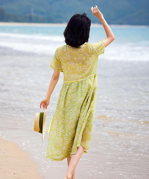 法式文艺风，夏季新款苎麻印花连衣裙短袖碎花拼色系带V领裙子YM-S375-1 商品图3