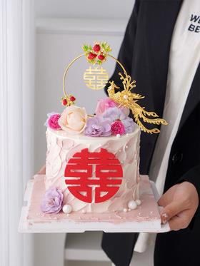 婚礼蛋糕&复古红双喜凤凰石榴圆喜