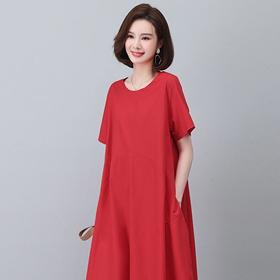 棉质文艺复古风，大码宽松妈妈装纯色连衣裙HR-WG86669