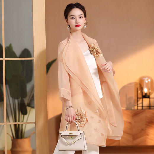 西装领柯根纱绣花上衣，女中长款九分袖国风复古系腰带披肩外衫AYK-QF-230410 商品图3