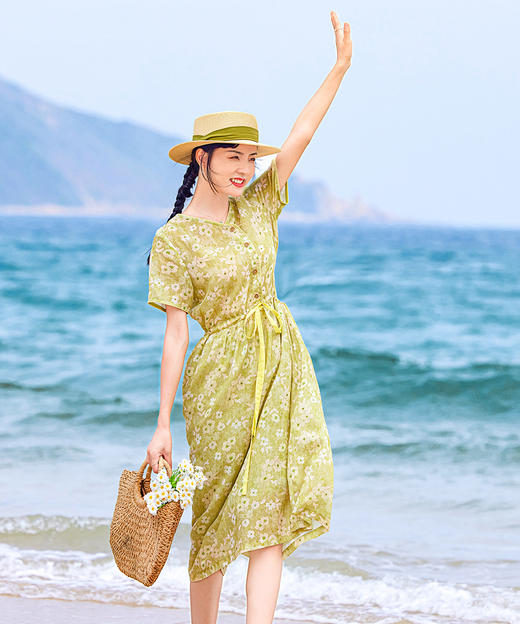 法式文艺风，夏季新款苎麻印花连衣裙短袖碎花拼色系带V领裙子YM-S375-1 商品图1