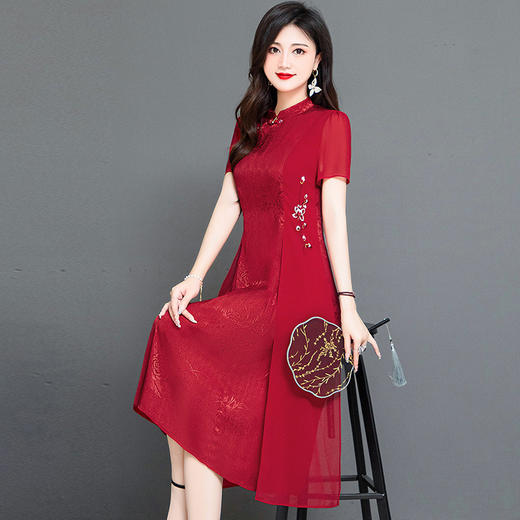 时尚气质，红色中长款连衣裙QYM-TYH-239338-Y 商品图1