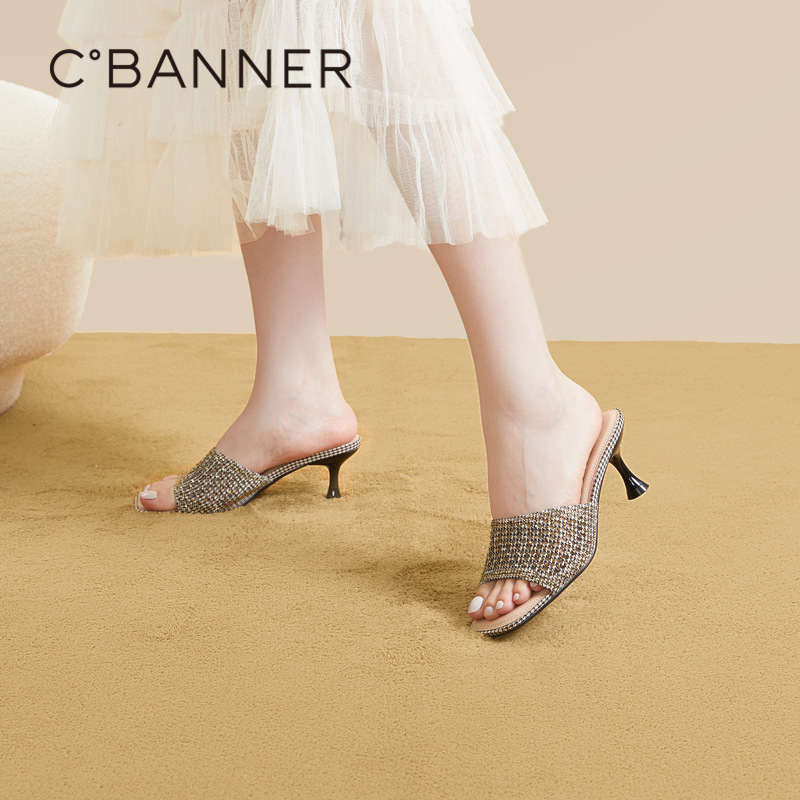 千百度女鞋夏季凉拖鞋高跟编织拖鞋休闲镂空外穿细跟百搭A23350202