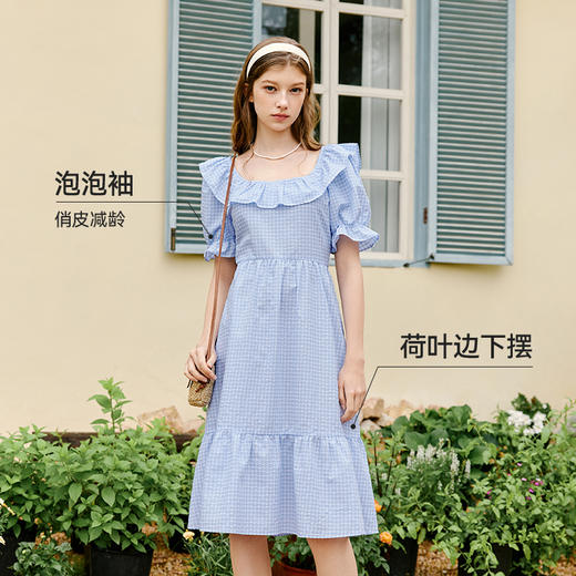 【严选】诗凡黎夏淡蓝色格纹荷叶领泡泡袖连衣裙7E6193441 商品图1