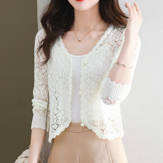 镂空开衫女外套，针织空调衫长袖V领蕾丝夏季轻熟气质宽松上衣CC-11-68090 商品图5