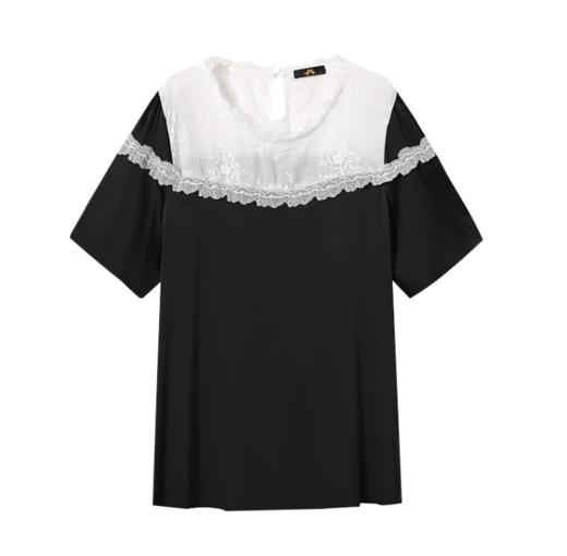 【T恤】大码女装黑白拼接蕾丝短袖上衣胖妹妹冰丝T恤 商品图3