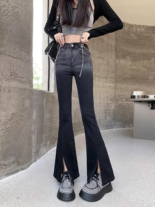 渐变色开叉微喇牛仔裤女；秋季新款紧身显瘦，撞色小个子喇叭长裤，时尚潮流，舒适贴身；展现你的青春活力！ 商品图1