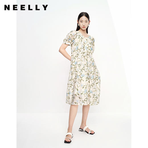 NEELLY纳俪商场同款夏季碎花连衣裙女泡泡袖抽绳收腰A字裙中长款N23061Y01200 商品图1