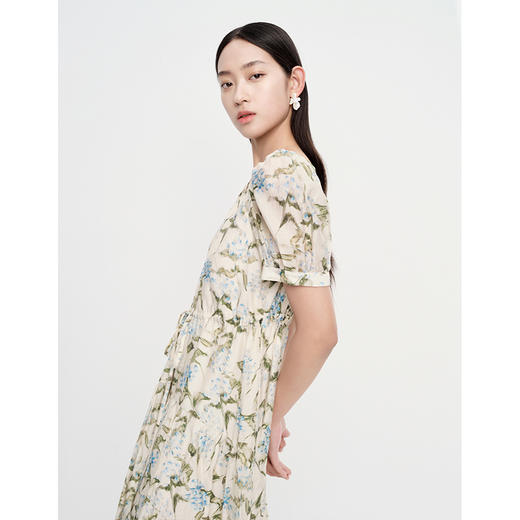 NEELLY纳俪商场同款夏季碎花连衣裙女泡泡袖抽绳收腰A字裙中长款N23061Y01200 商品图3