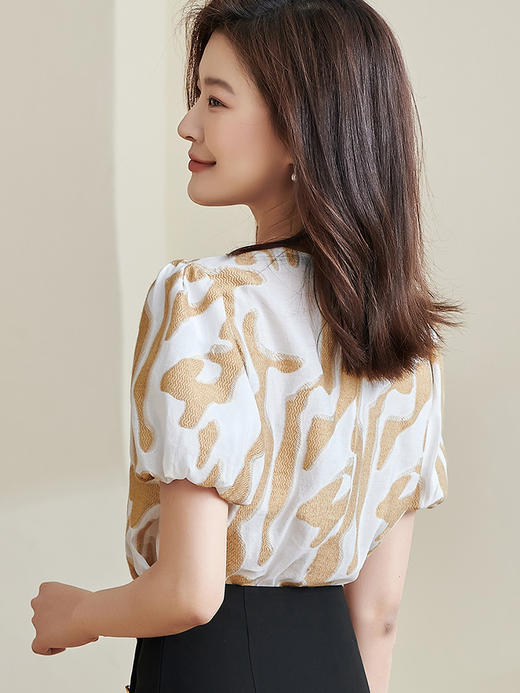 米思阳2025夏季新款复古风提花衬衣套头圆领一粒扣宽松上衣女1909 商品图2