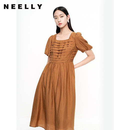 NEELLY纳俪商场同款法式泡泡袖天丝连衣裙女新款夏季方领A字裙潮N23061Y01198 商品图1