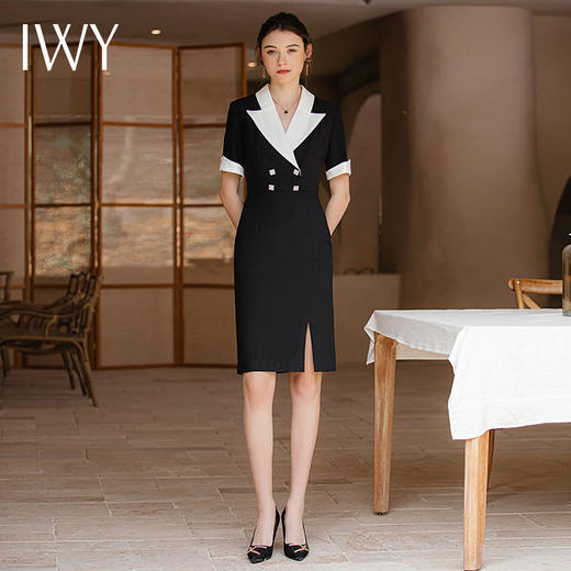 IWY/高级感设计款黑色短袖西装连衣裙收腰显瘦大翻领商务接待工装Q957 商品图0