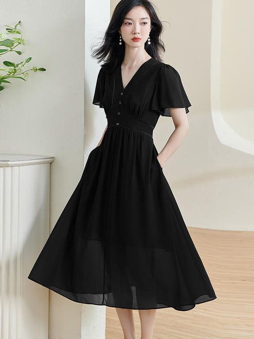 剩S 【现货】米思阳2025夏季新款气质优雅收腰显瘦黑色大摆裙飞飞袖连衣裙1689 商品图1