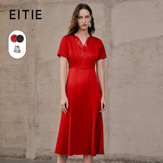 EITIE爱特爱夏季新款优雅V领蕾丝拼接礼服连衣裙7477112 商品图0