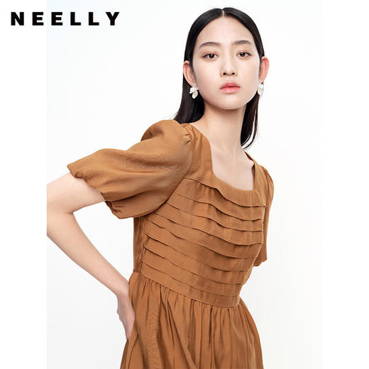 NEELLY纳俪商场同款法式泡泡袖天丝连衣裙女新款夏季方领A字裙潮N23061Y01198 商品图2