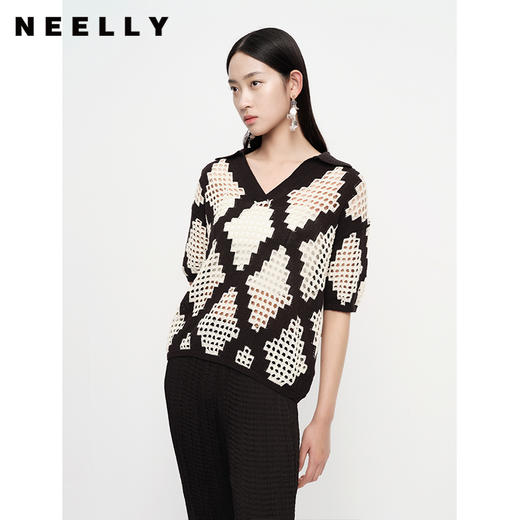 NEELLY纳俪商场同款气质V领镂空菱格针织衫女套头短袖夏季上衣N23061A01189 商品图2