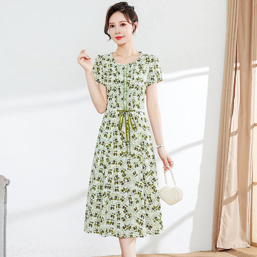 夏款修身，印花中长款大码系带时尚雪纺裙圆领短袖连衣裙QYM-FL-23778-L 商品图0