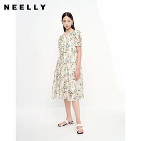 NEELLY纳俪商场同款夏季碎花连衣裙女泡泡袖抽绳收腰A字裙中长款N23061Y01200