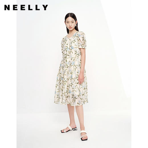 NEELLY纳俪商场同款夏季碎花连衣裙女泡泡袖抽绳收腰A字裙中长款N23061Y01200 商品图0