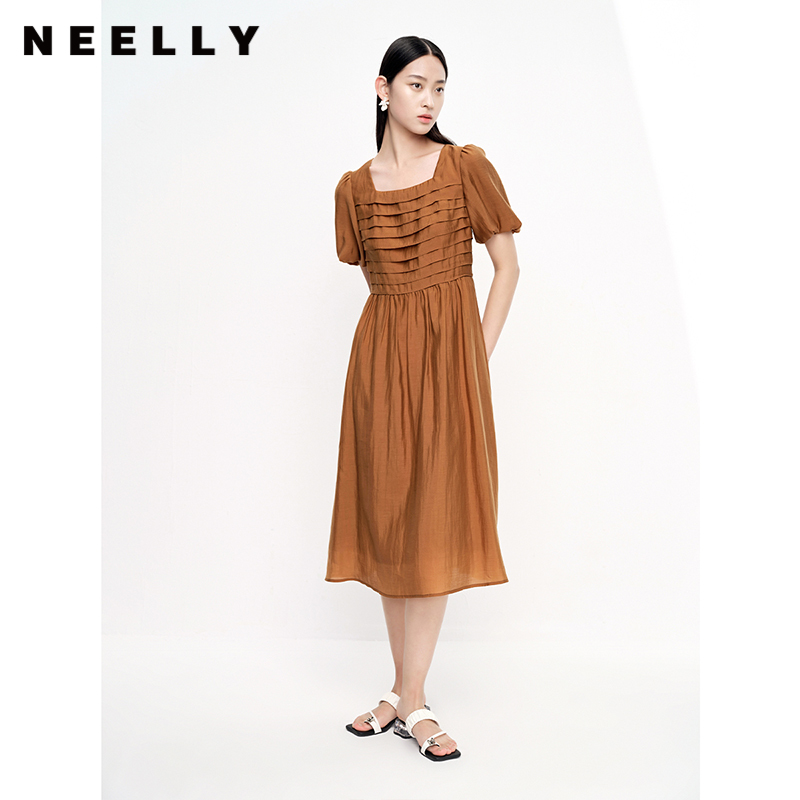 NEELLY纳俪商场同款法式泡泡袖天丝连衣裙女新款夏季方领A字裙潮N23061Y01198