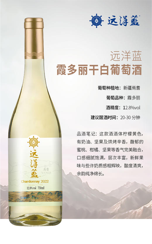 远洋蓝霞多丽干白葡萄酒   (6瓶/箱） 商品图0