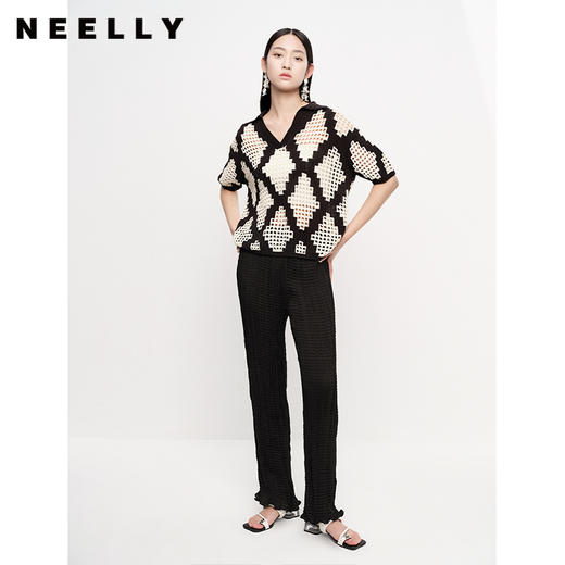NEELLY纳俪商场同款气质V领镂空菱格针织衫女套头短袖夏季上衣N23061A01189 商品图1
