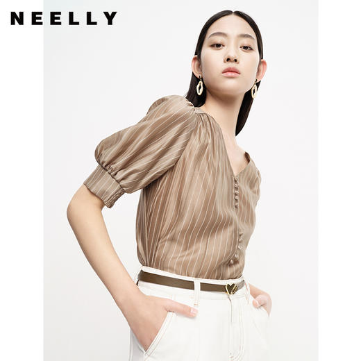 NEELLY纳俪商场同款条纹V领显瘦五分泡泡袖时尚天丝衬衫女简约夏N23061B01194 商品图0