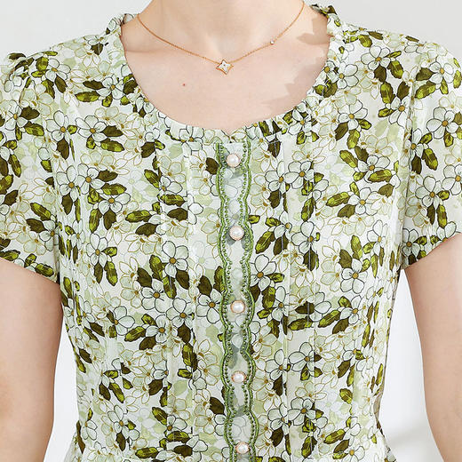 夏款修身，印花中长款大码系带时尚雪纺裙圆领短袖连衣裙QYM-FL-23778-L 商品图3