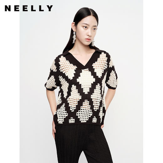 NEELLY纳俪商场同款气质V领镂空菱格针织衫女套头短袖夏季上衣N23061A01189 商品图0