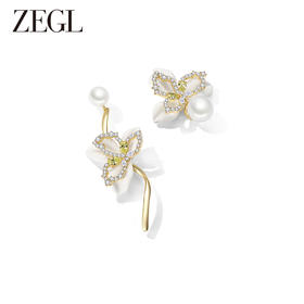 ZEGL设计师初夏物语系列花朵人造珍珠耳环女小众耳钉不对称耳饰品