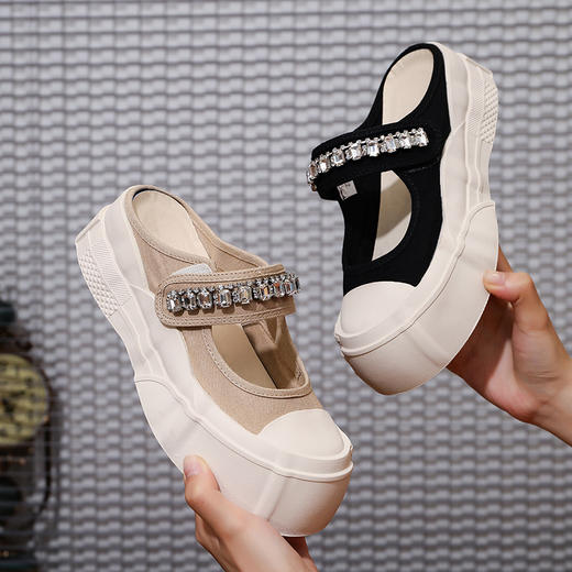 帆布包头拖鞋，新款大头魔术贴凉拖厚底外穿水钻半拖鞋ML10221 商品图0