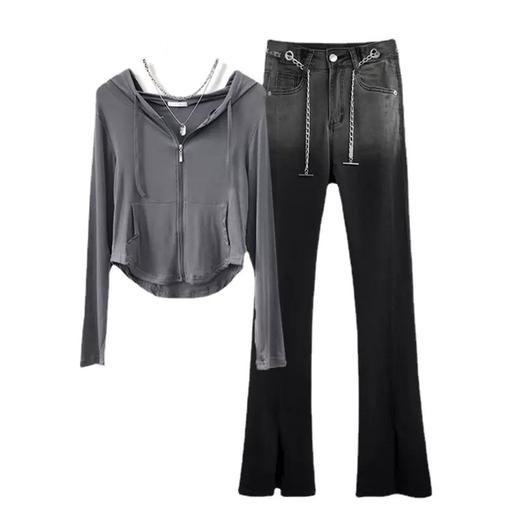 渐变色开叉微喇牛仔裤女；秋季新款紧身显瘦，撞色小个子喇叭长裤，时尚潮流，舒适贴身；展现你的青春活力！ 商品图7