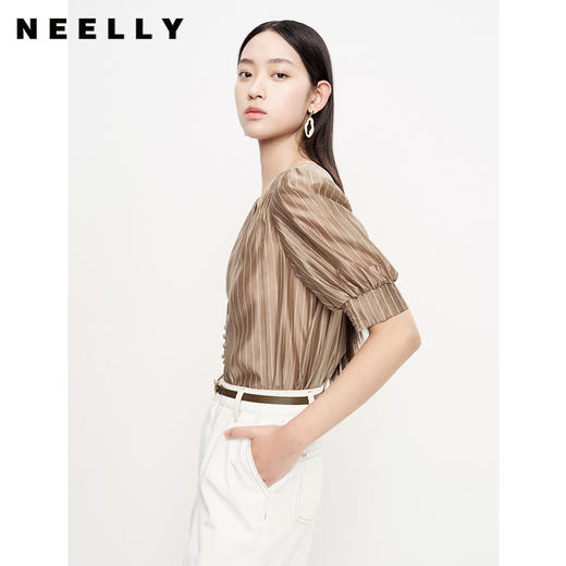 NEELLY纳俪商场同款条纹V领显瘦五分泡泡袖时尚天丝衬衫女简约夏N23061B01194 商品图2