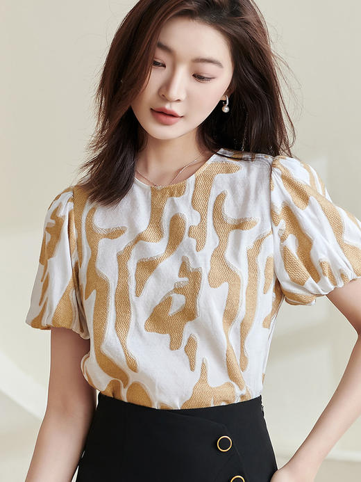 米思阳2025夏季新款复古风提花衬衣套头圆领一粒扣宽松上衣女1909 商品图1