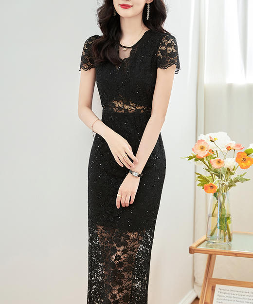 名媛气质感，V领烫钻股线蕾丝微透视小性感包臀连衣裙WLZD-2312303 商品图0