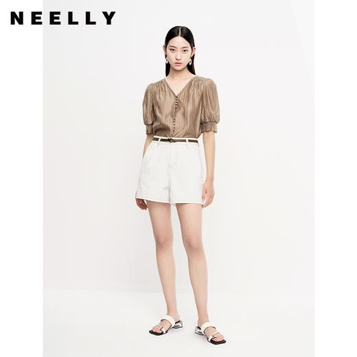 NEELLY纳俪商场同款条纹V领显瘦五分泡泡袖时尚天丝衬衫女简约夏N23061B01194 商品图1