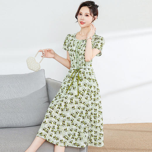夏款修身，印花中长款大码系带时尚雪纺裙圆领短袖连衣裙QYM-FL-23778-L 商品图2